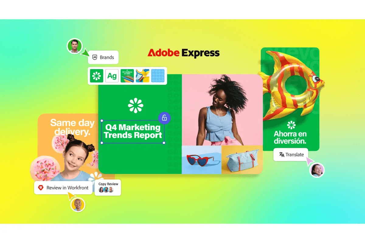 Adobe Express creative canvas with brand, review, collaboration, and translation tools.