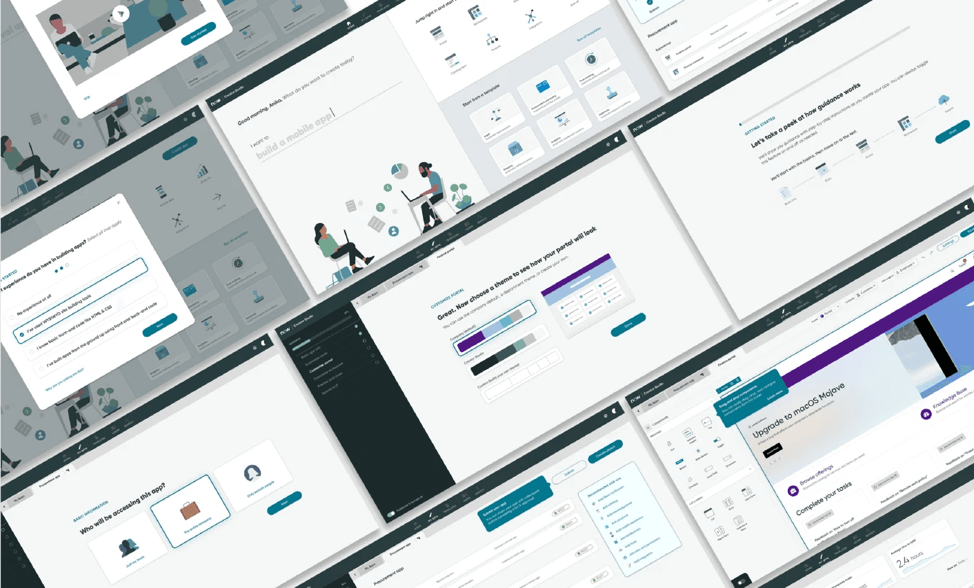 A collage of ServiceNow App Engine Studio screens showing the connected app-building experience.